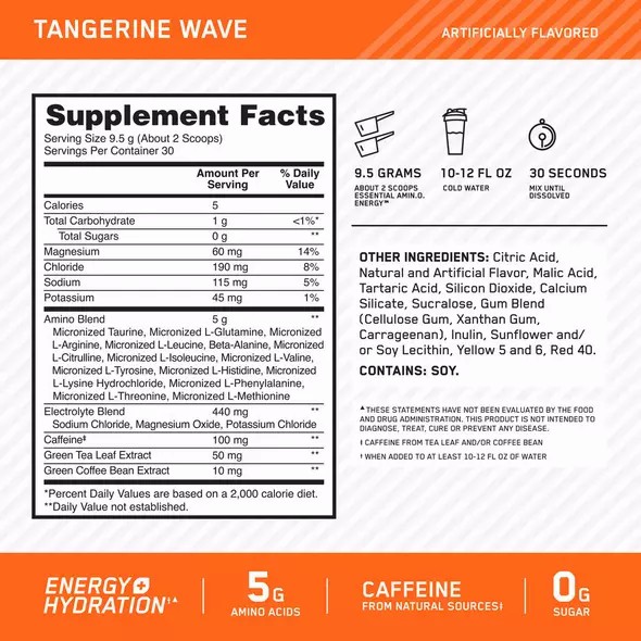 Optimum Nutrition Essential AMIN.O. ENERGY + Electrolytes Tangerine Wave 0.63 lb (30 Servings) Indonesia | 48709-ERHP