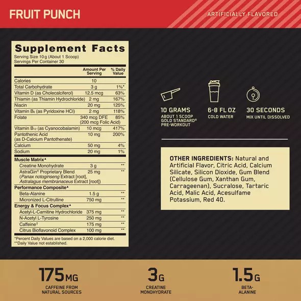 Optimum Nutrition GOLD STANDARD® Pre-Workout Fruit Punch 0.66 lb (30 Servings) Indonesia | 97615-QXVH