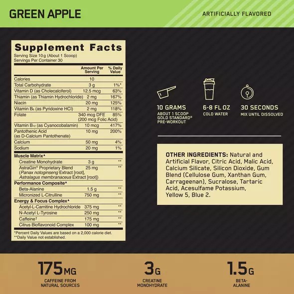 Optimum Nutrition GOLD STANDARD® Pre-Workout Green Apple 0.66 lb (30 Servings) Indonesia | 42187-OLPR